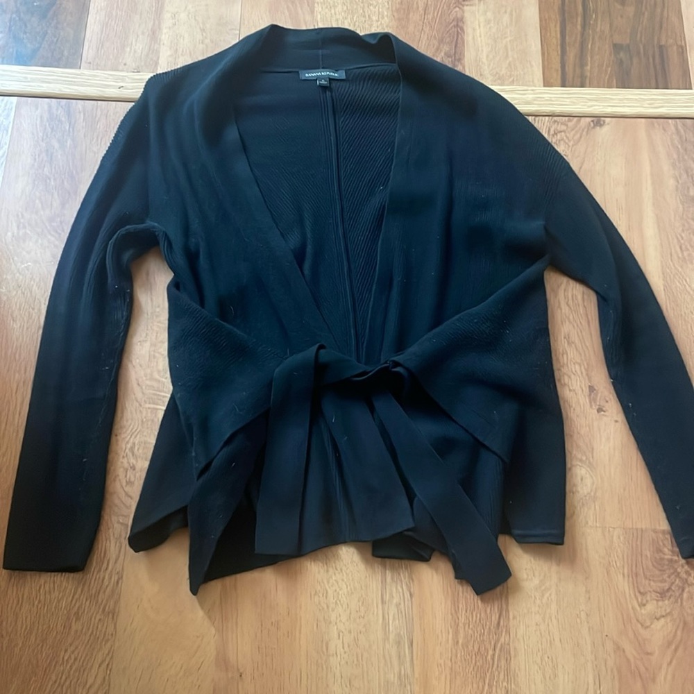 Black open sweater cardigan with attached tie belt